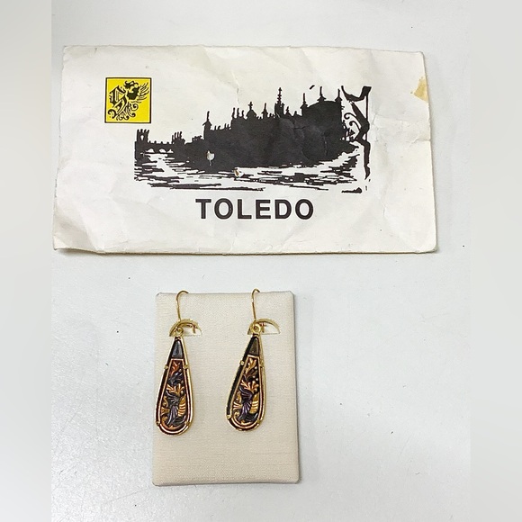 Brand New Vintage Toledo Spanish 24K Gold Damascene Teardrop Earrings - Picture 9 of 9